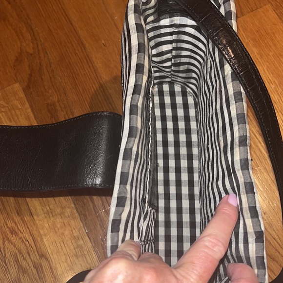 Brighton cross/ shoulder bag black & white gingham print w/ rattan & leather - Picture 7 of 10